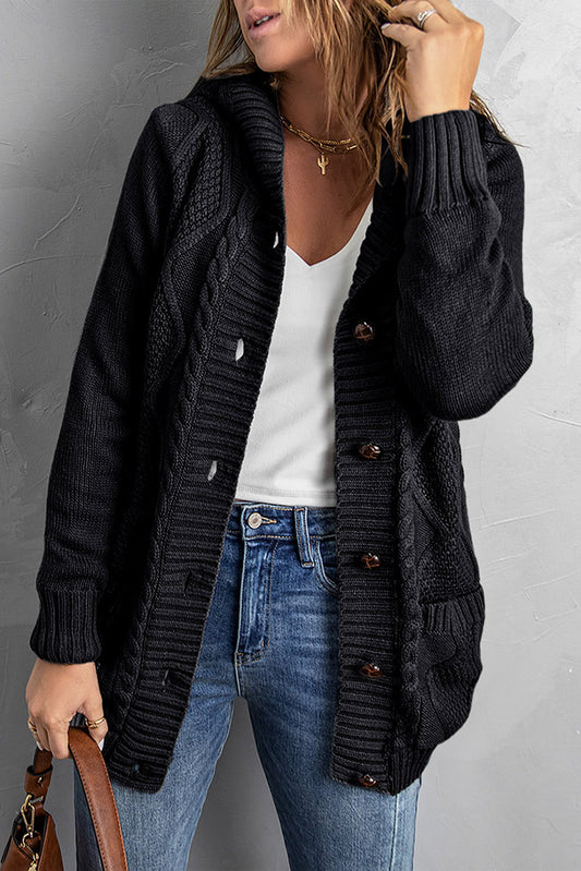 Black Button Front Hooded Cardigan with Pockets - Whiicka