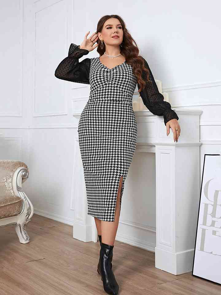 Plus Size Hounds tooth Flounce Sleeve Slit Dress