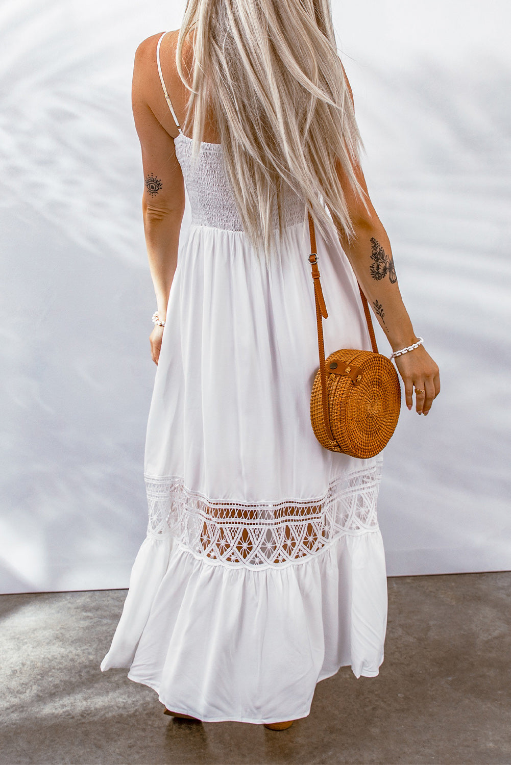 Spliced Lace Spaghetti Strap Maxi Dress - Whiicka