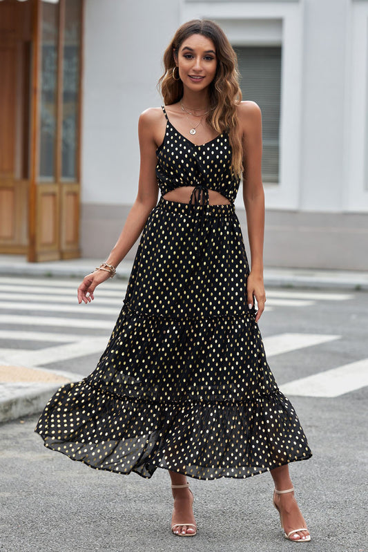 Polka Dot Cutout Spaghetti Strap Tiered Maxi Dress - Whiicka