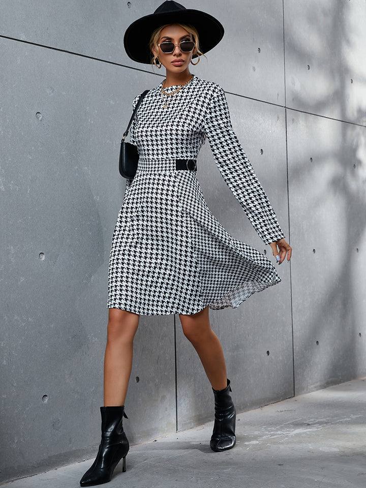 Houndstooth Long Sleeve A Line Dress - Whiicka