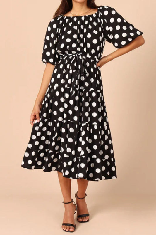 Polka Dot Tie Waist Midi Dress - Whiicka