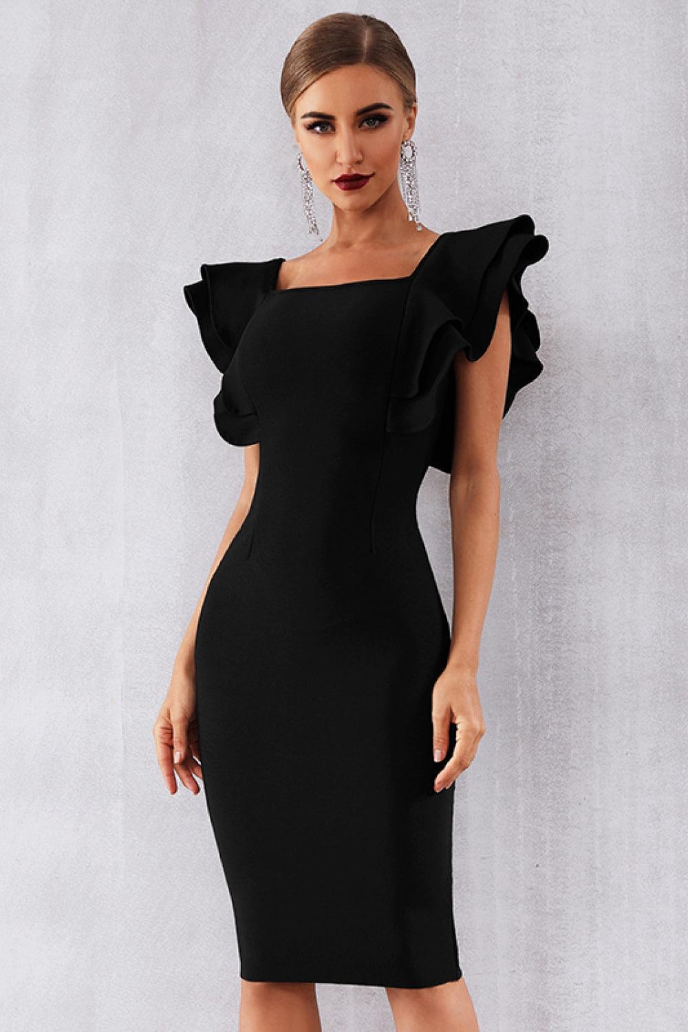 Black Solid Ruffle Shoulder Dress - Whiicka