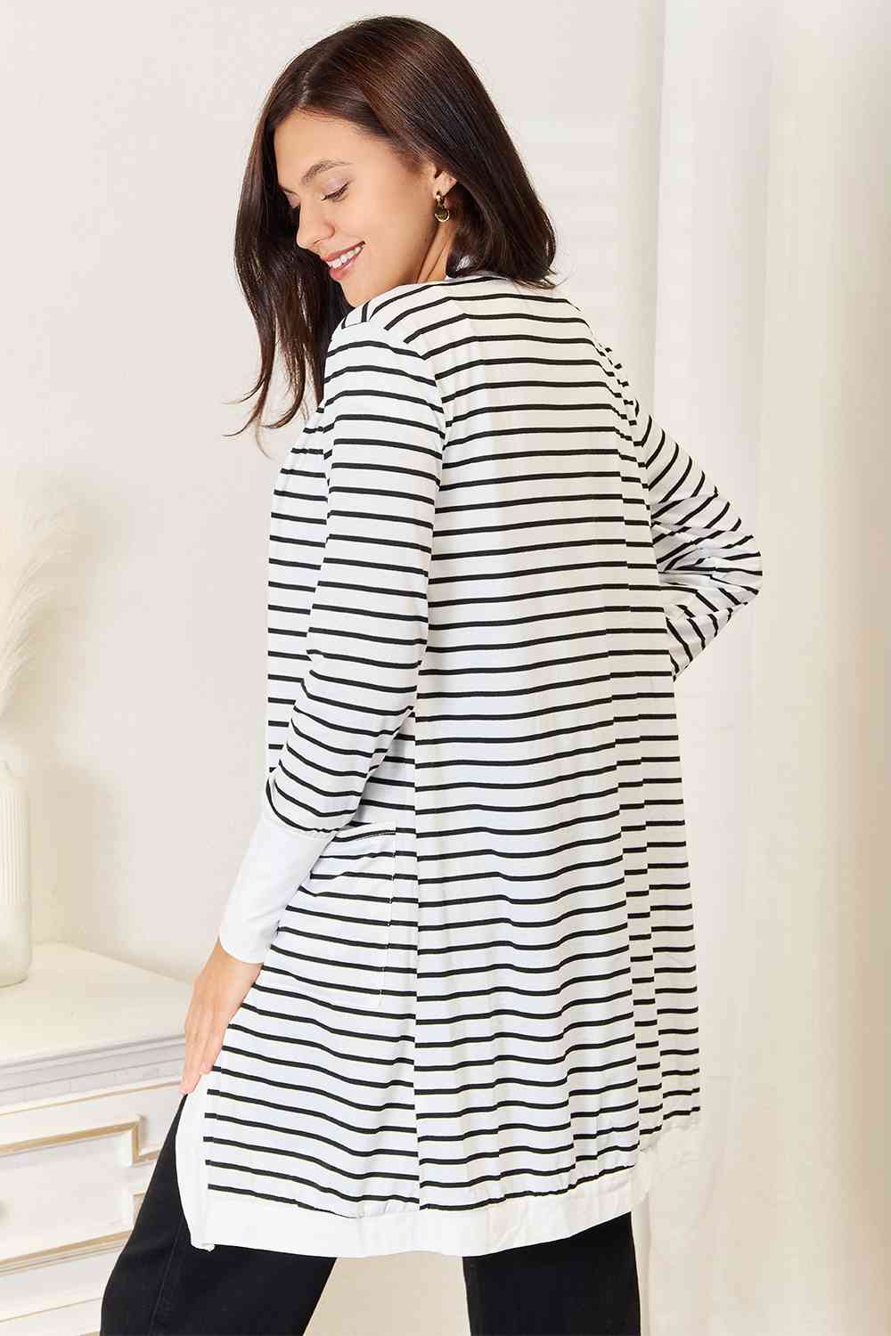 Striped Open Front Longline Cardigan - Whiicka