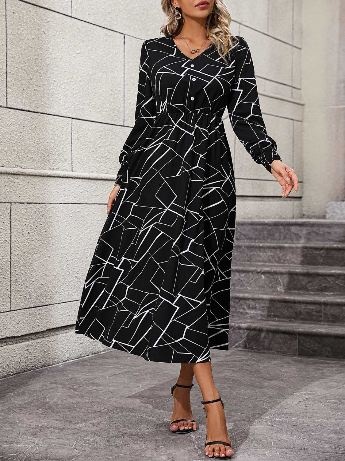 Geometric V-Neck Lantern Sleeve Dress - Whiicka