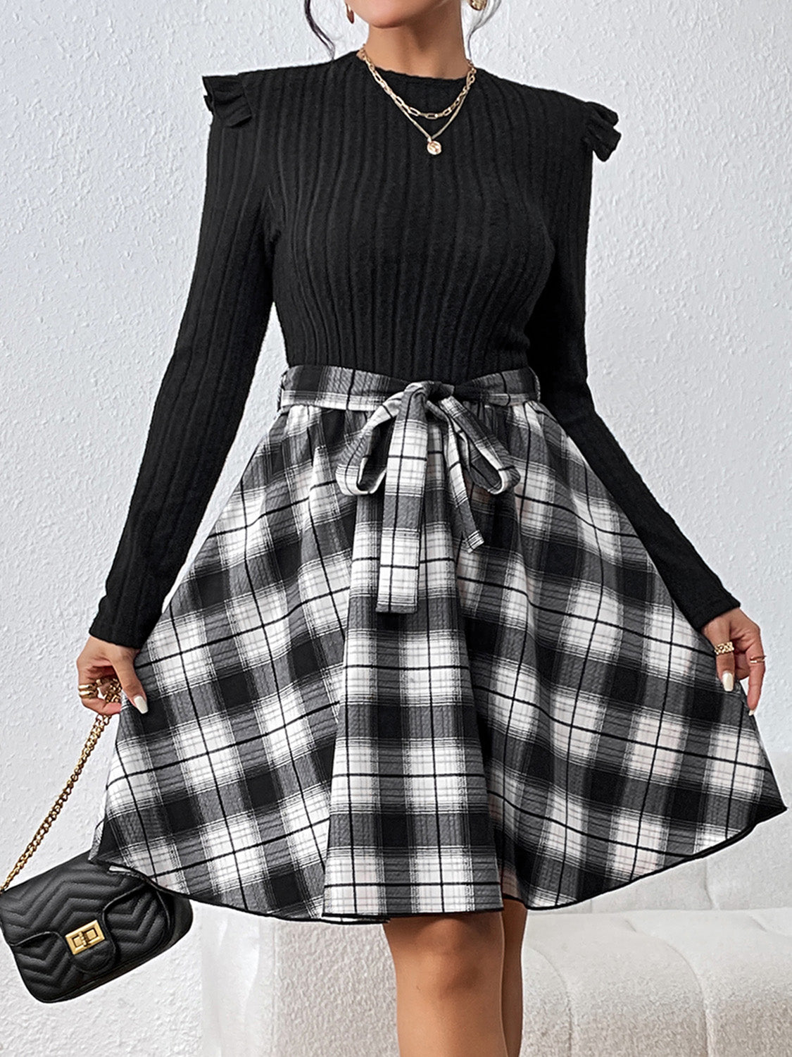 Plaid Ruffle Shoulder Dress - Whiicka