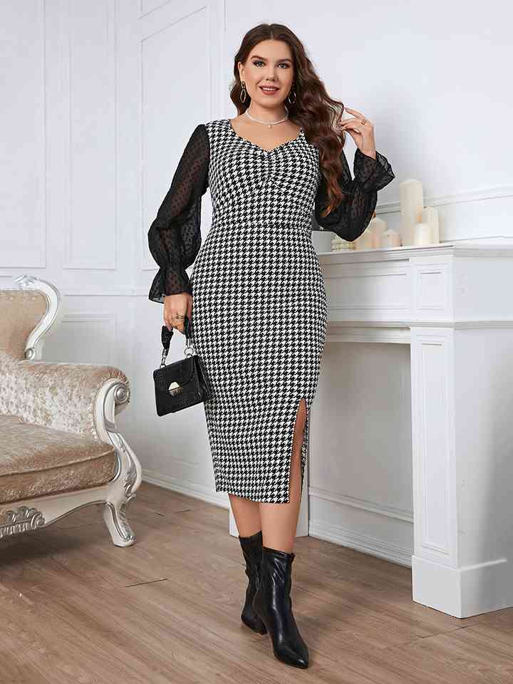 Plus Size Hounds tooth Flounce Sleeve Slit Dress