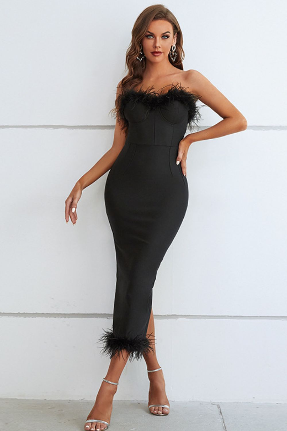 Feather Trim Strapless Dress - Whiicka