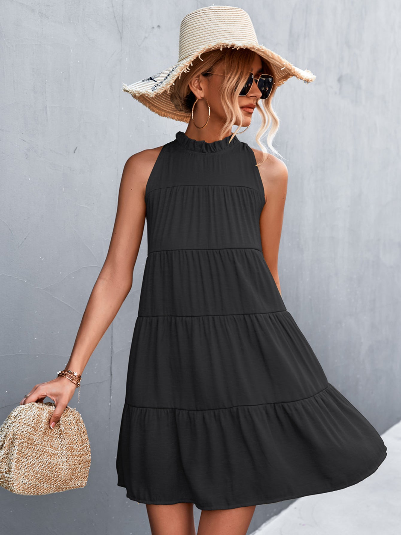 Tie Back Mock Neck Tiered Dress - Whiicka