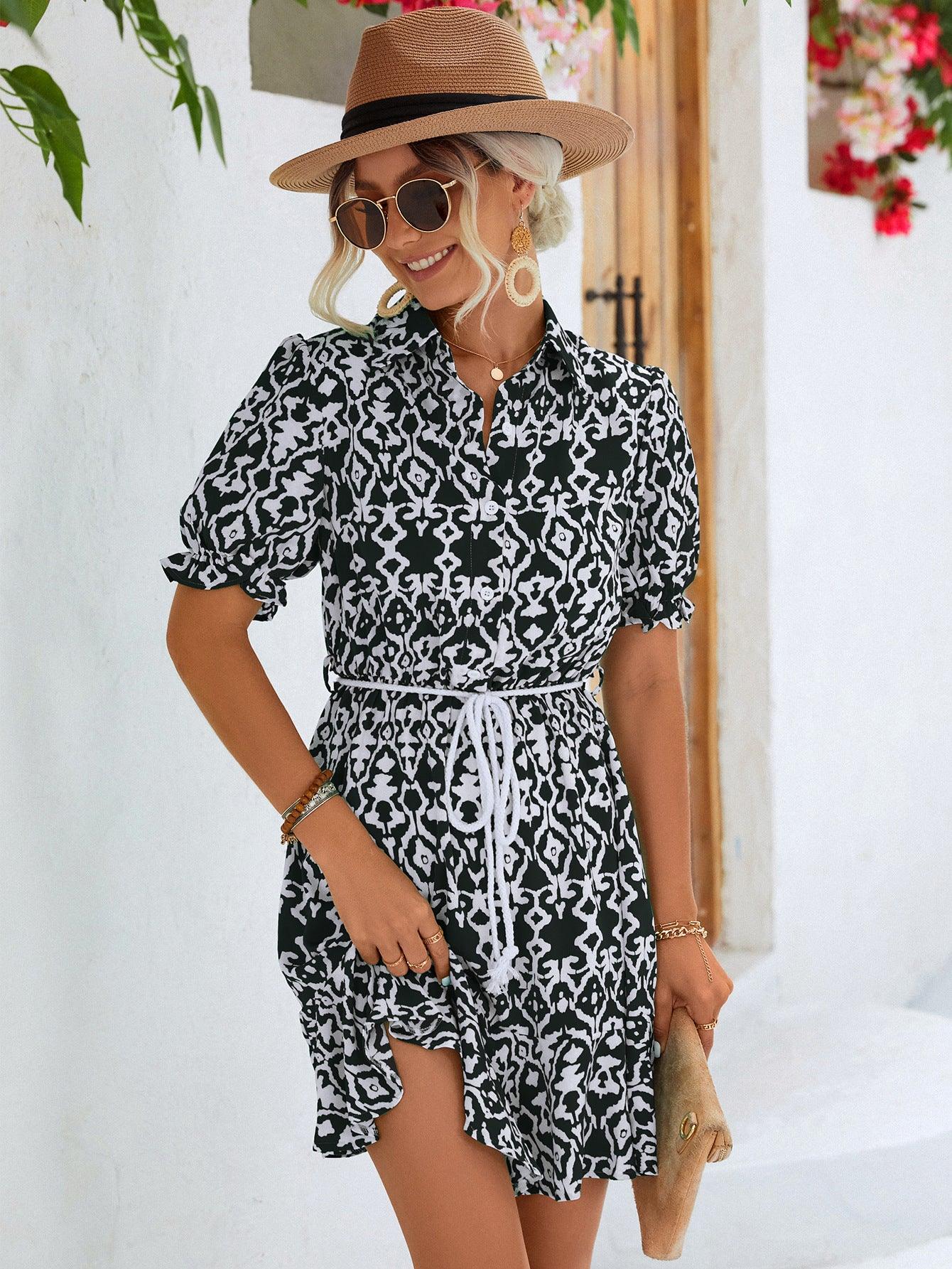 Printed Tie Waist Collared Flounce Sleeve Dress - Whiicka