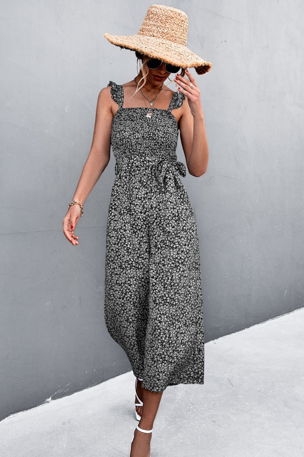 Printed Ruffle Strap Smocked Belted Jumpsuit - Whiicka