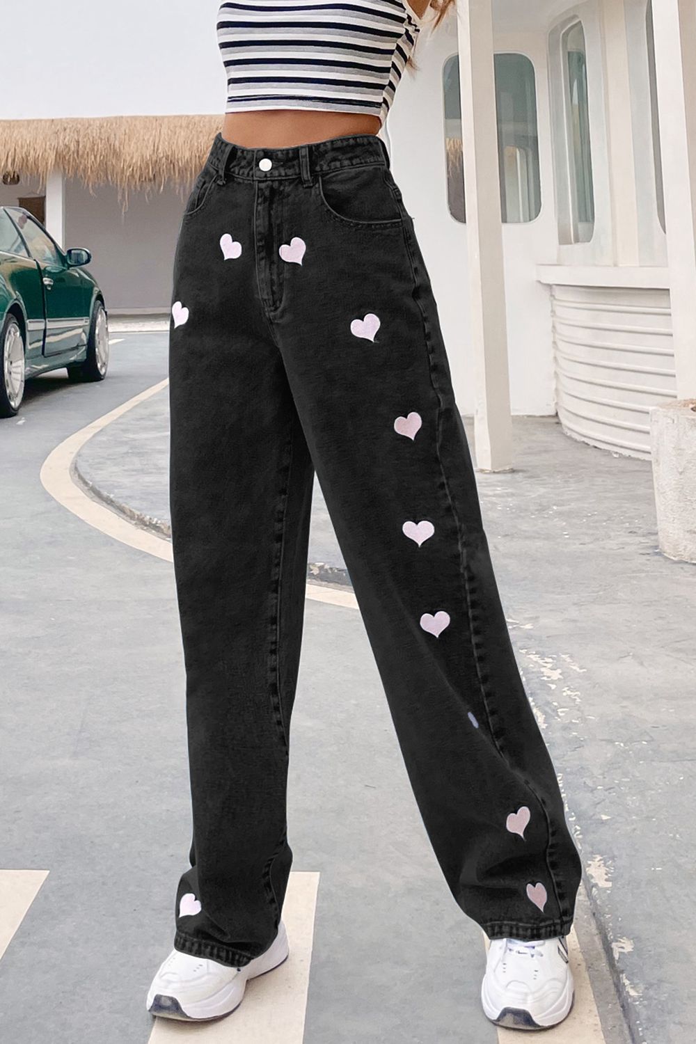 Heart Print Buttoned Jeans - Whiicka