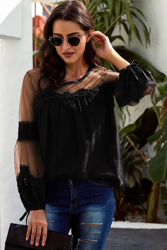 Spliced Mesh Bubble Sleeve Blouse - Whiicka