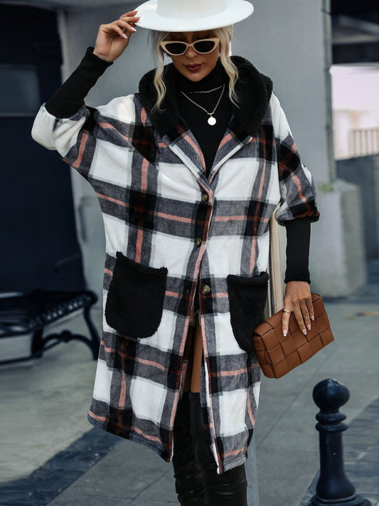 Plaid Button Down Hooded Jacket - Whiicka