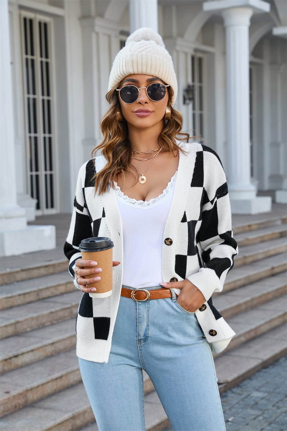 Checkered Button-Up V-Neck Cardigan - Whiicka