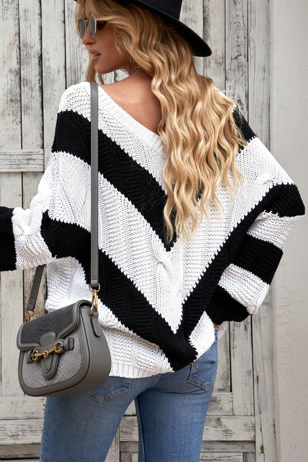 Chevron Cable-Knit V-Neck Sweater - Whiicka