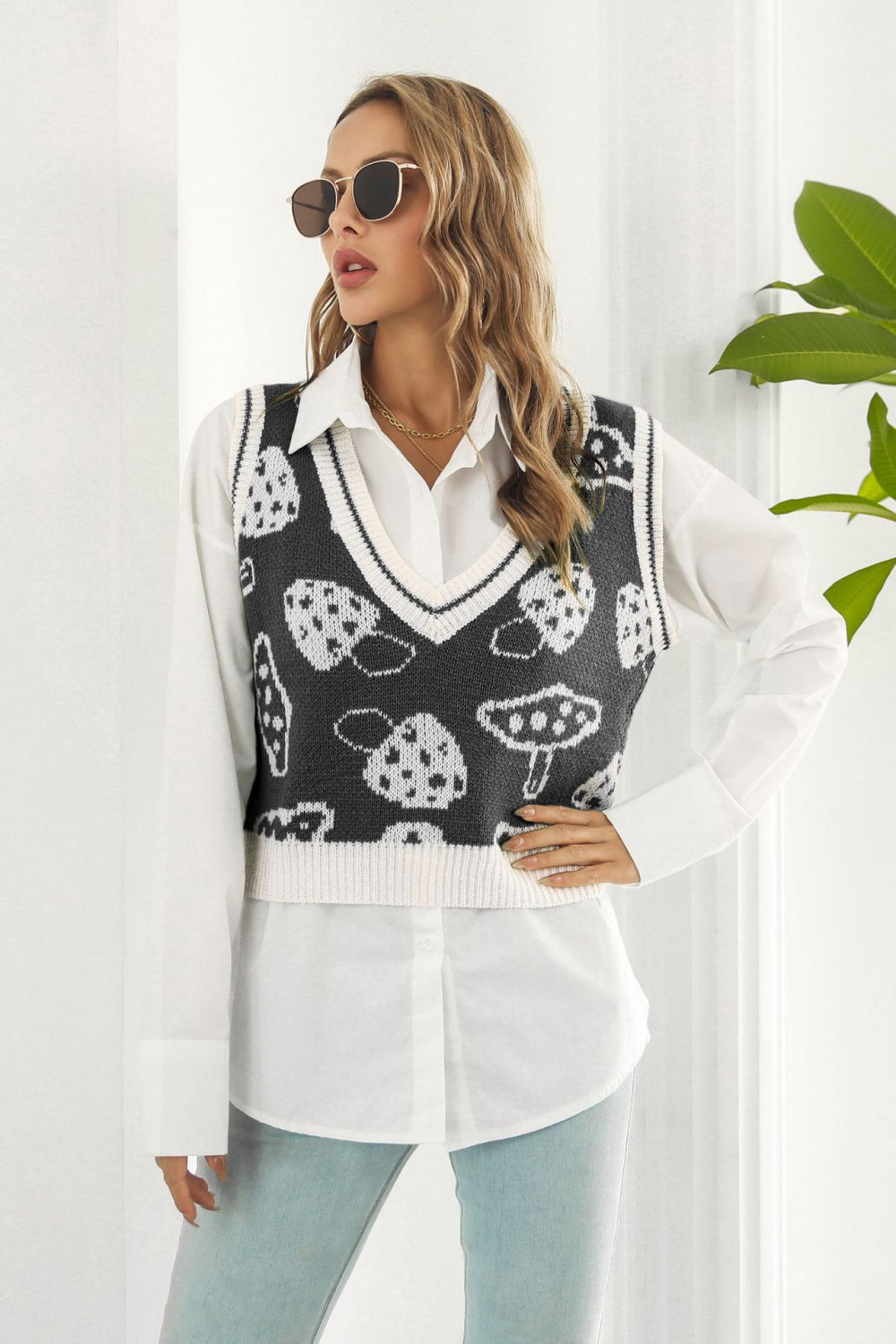 Printed Plunge Neck Sweater Vest - Whiicka