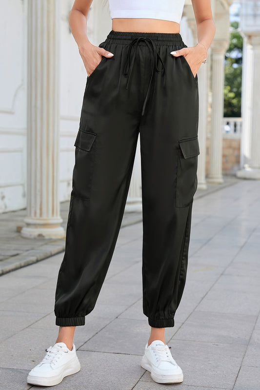 Long Tie Waist Pocketed Pants - Whiicka