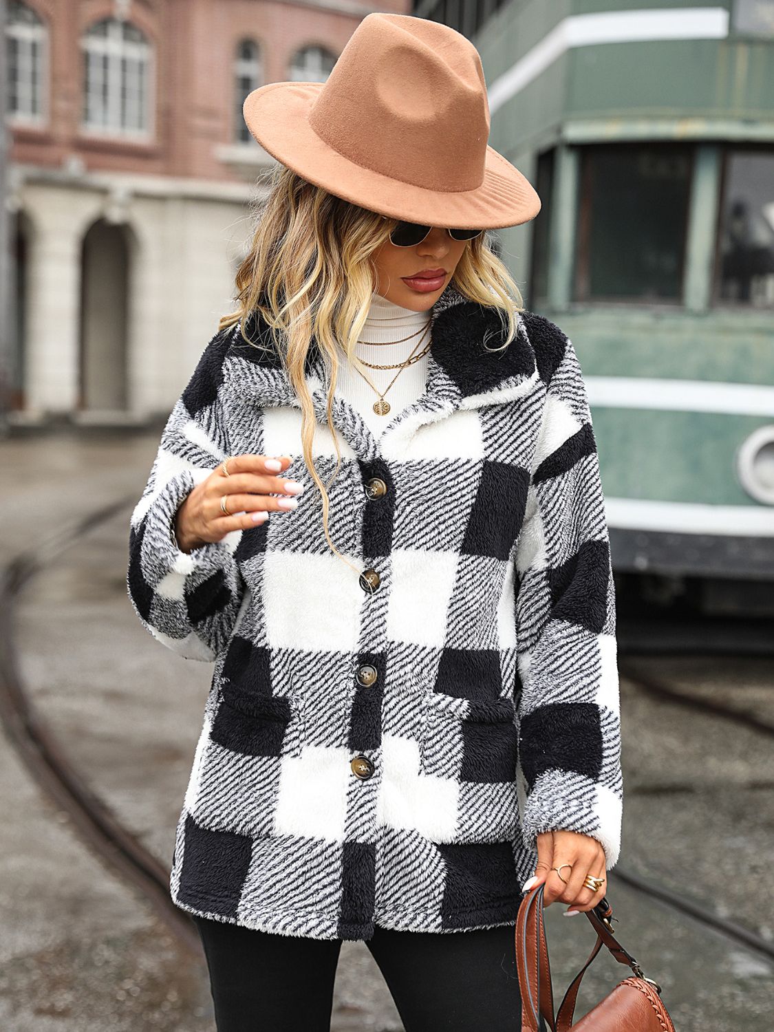 Plaid Collared Neck Button Down Jacket - Whiicka