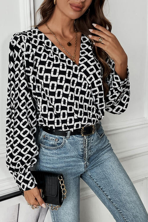 Geometric V-Neck Long Sleeve Blouse - Whiicka