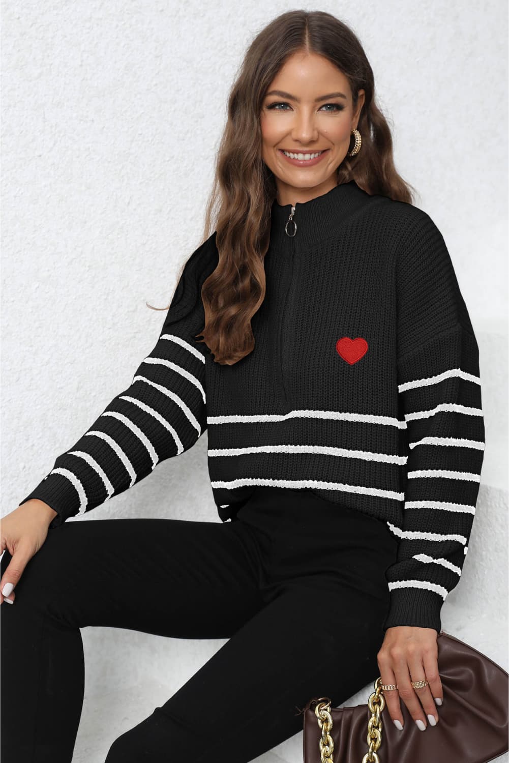 Striped Zip-Up Ribbed Sweater - Whiicka