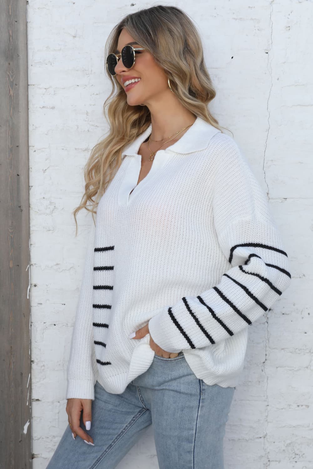 Ribbed Notched Neck Striped Sweater - Whiicka