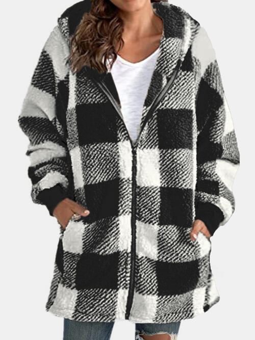 Plaid Zip Up Hooded Jacket with Pockets - Whiicka