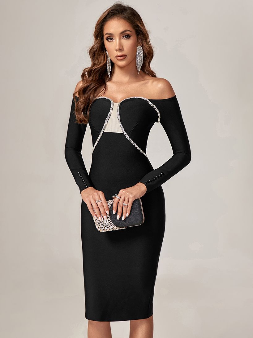 Crystal Mesh Off Shoulder Dress - Whiicka