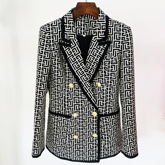 Lion Buttons Geometric Jacquard Blazer - Whiicka