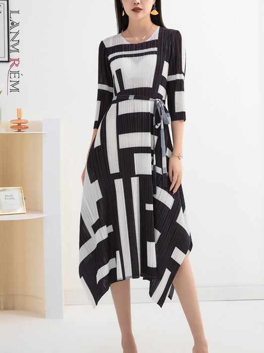 Pleated Color Block Plaid Midi Dress - Whiicka