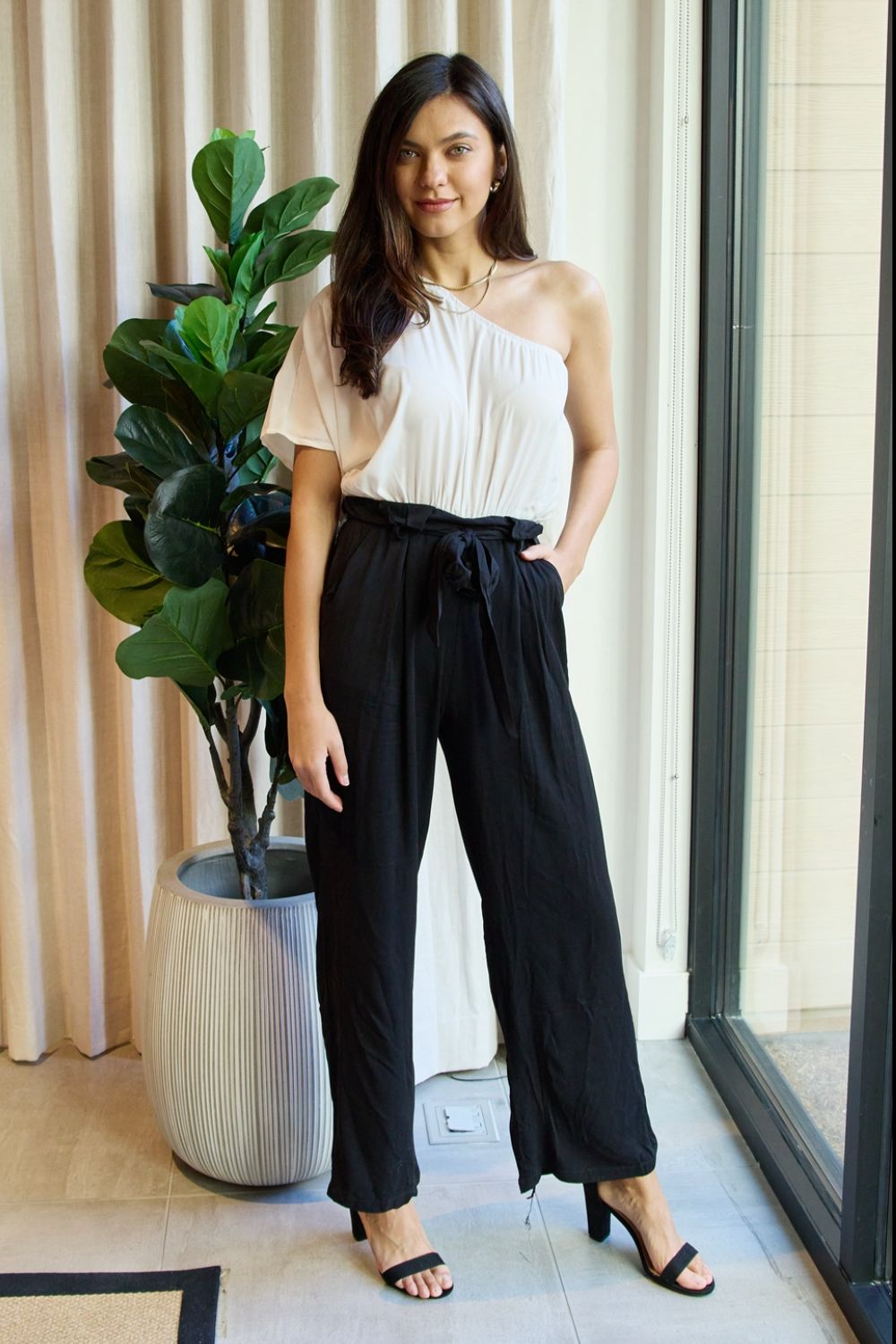 Black and White One-Shoulder Jumpsuit - Whiicka