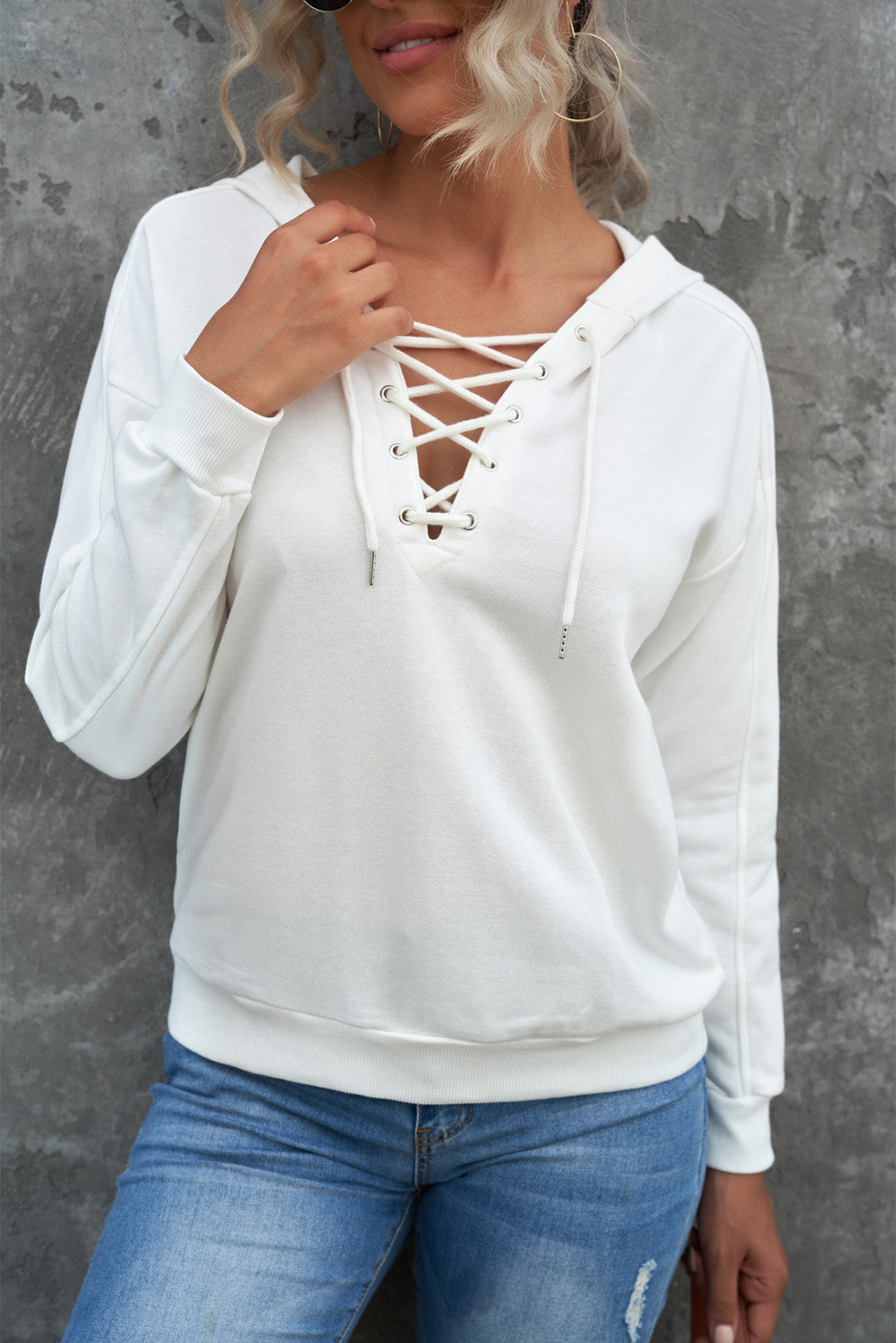 White Lace-Up Dropped Shoulder Hoodie - Whiicka