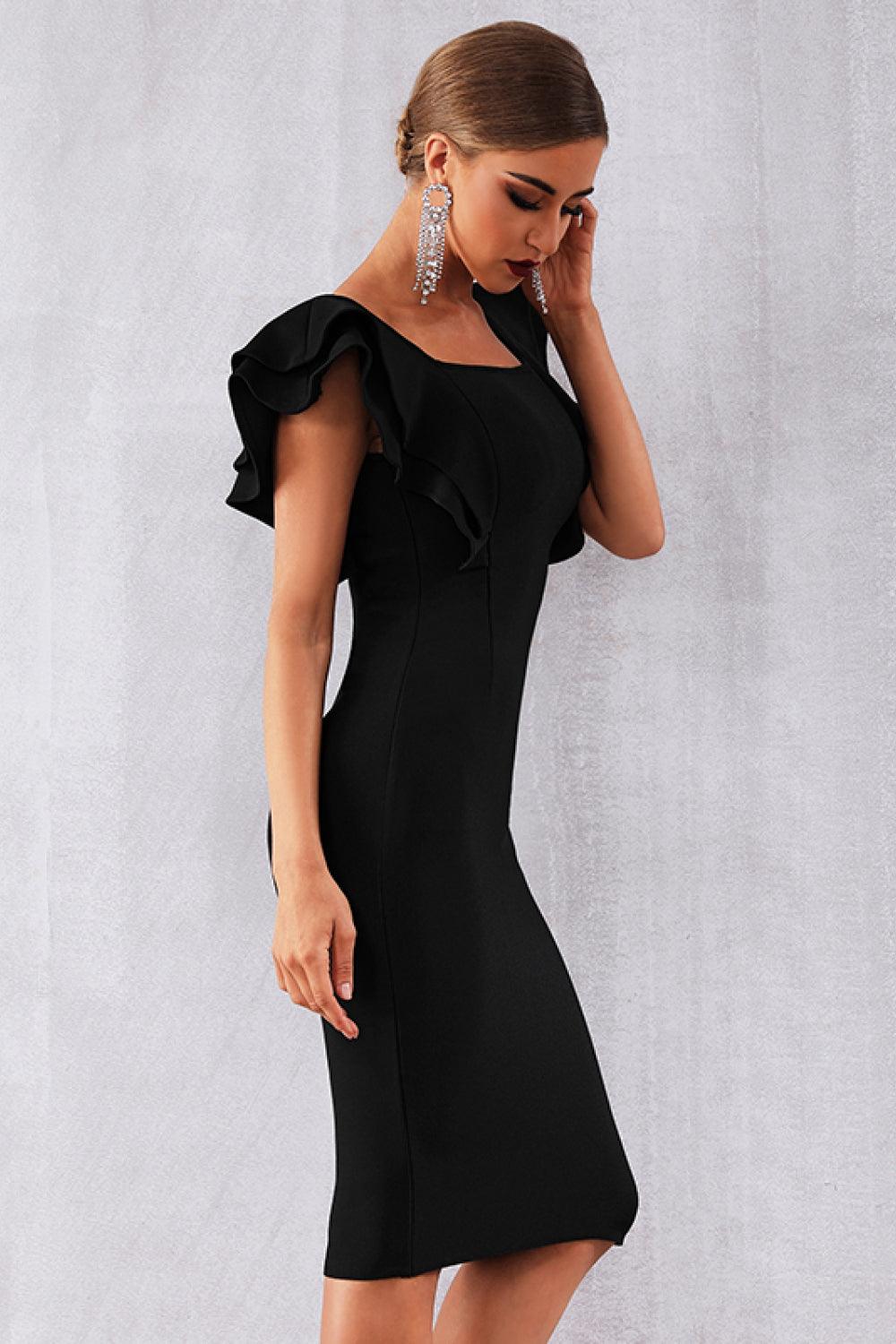 Black Solid Ruffle Shoulder Dress - Whiicka