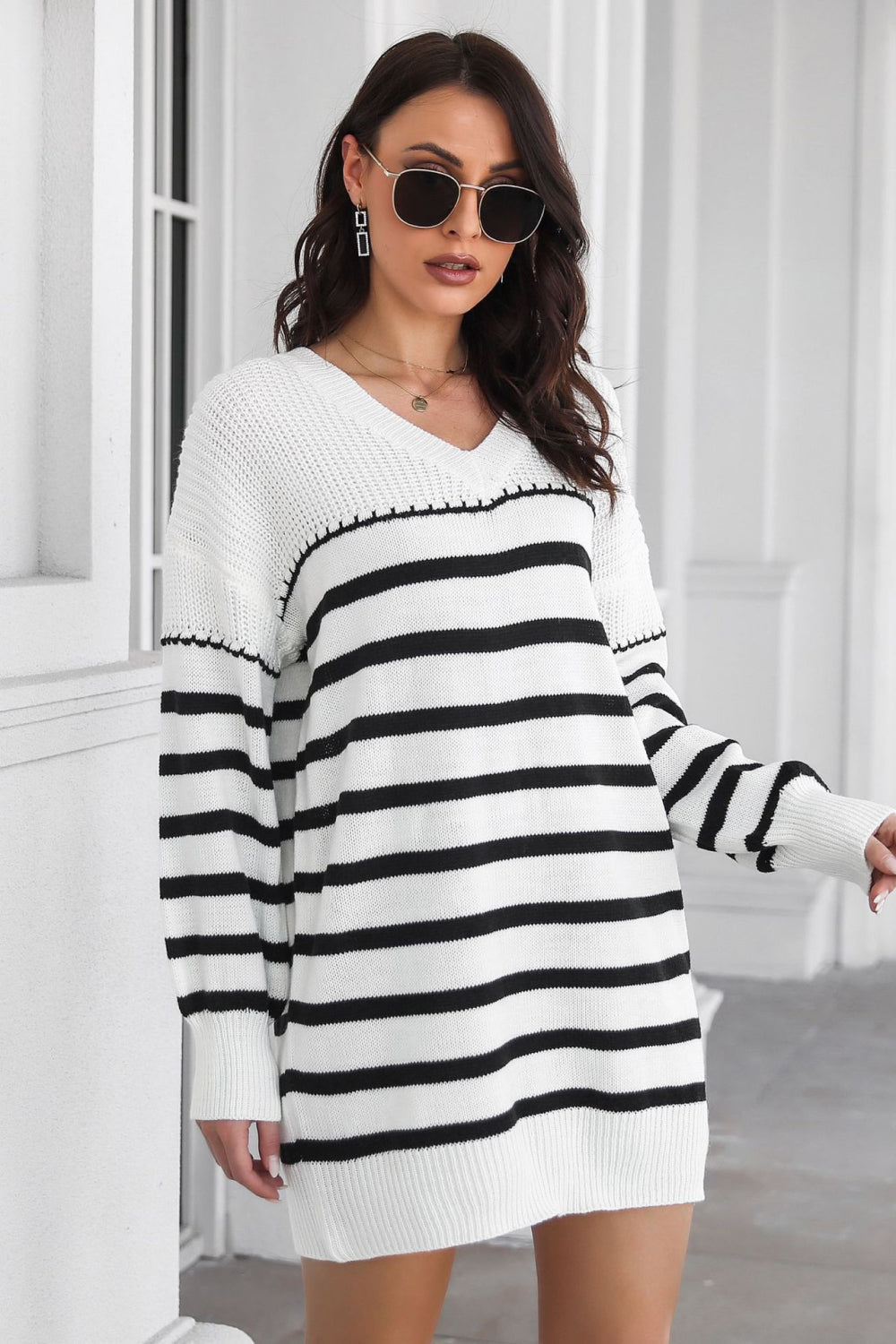 Striped Drop Shoulder Sweater Dress - Whiicka