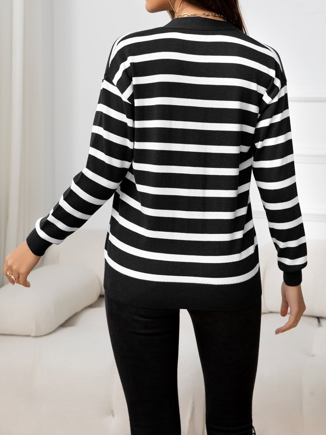 Striped V-Neck Knit Top - Whiicka