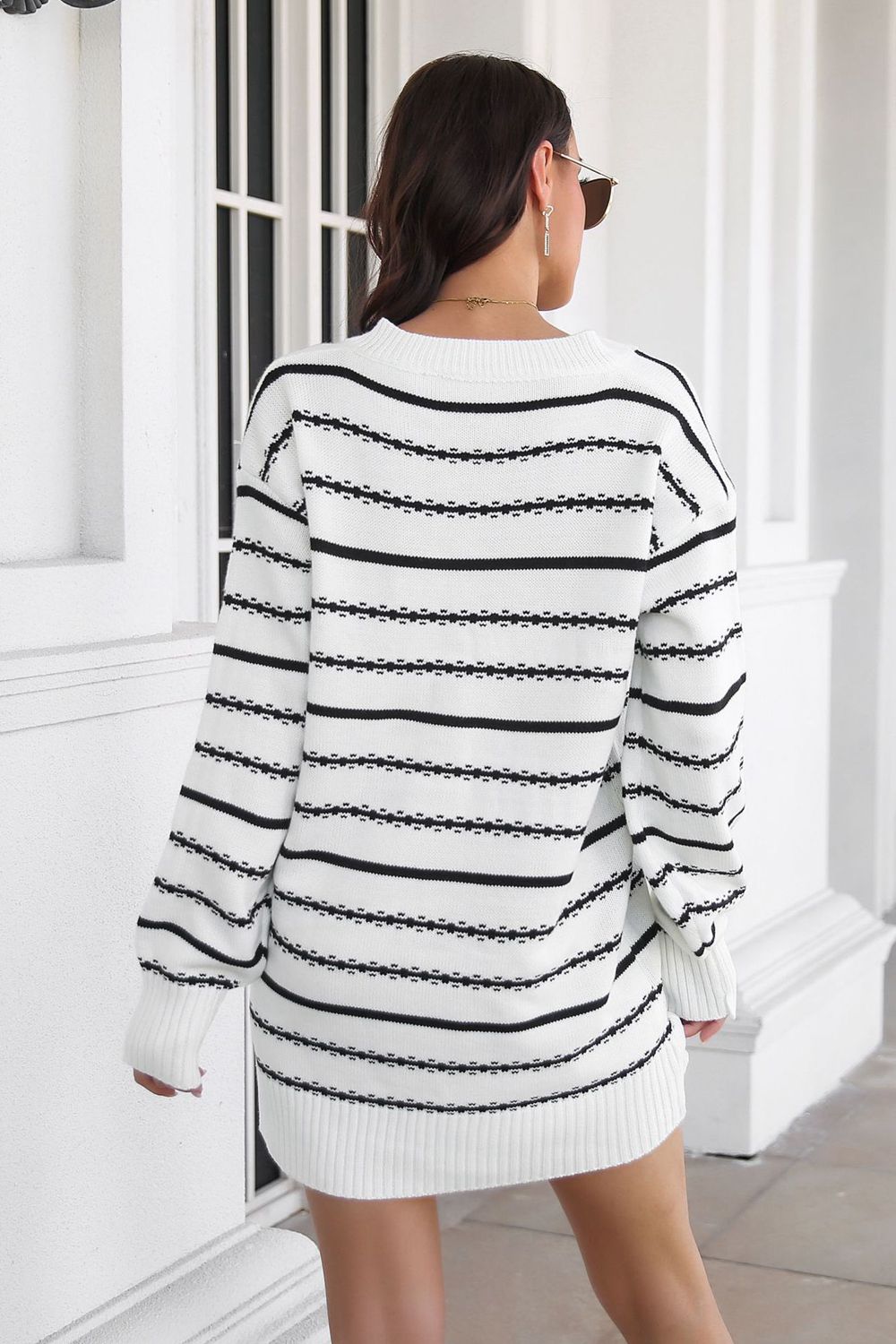 Striped V-Neck Mini Sweater Dress - Whiicka