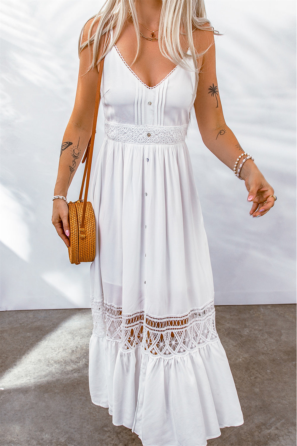 Spliced Lace Spaghetti Strap Maxi Dress - Whiicka