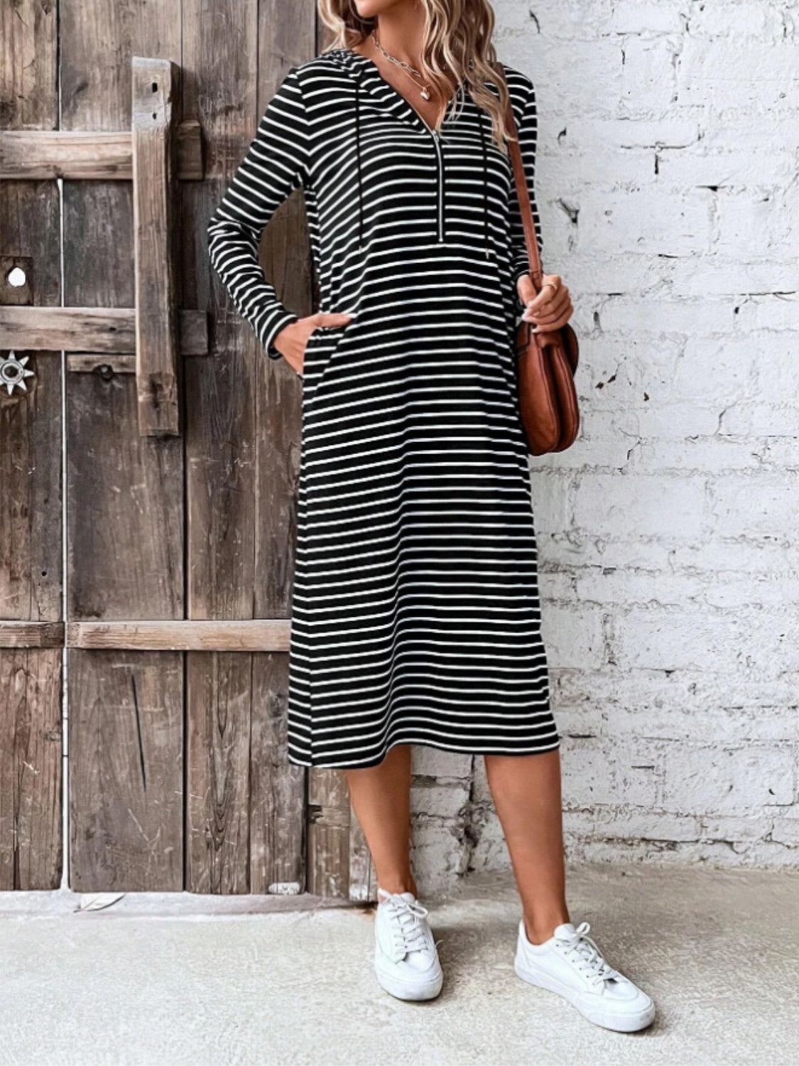 Striped Zip Front Hooded Dress - Whiicka