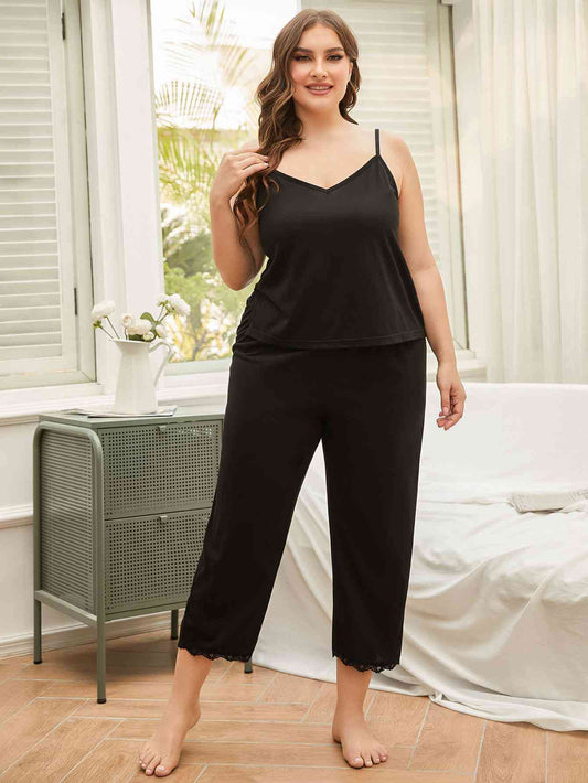 Plus Size Lace Trim Cami and Pants Pajama Set