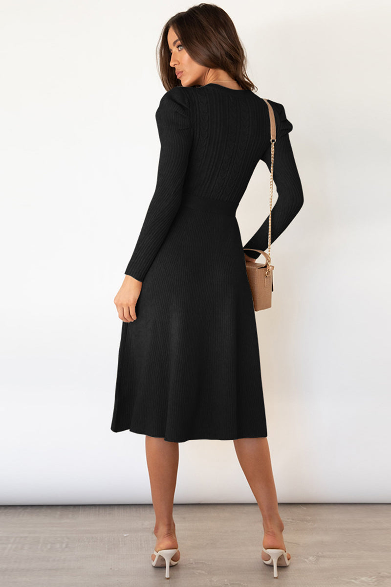 Round Neck Tie Waist Sweater Dress - Whiicka