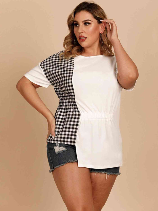 Plus Size Checkered Asymmetrical T-Shirt