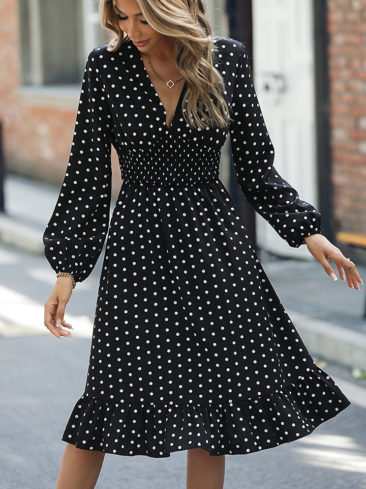 Polka Dot V-Neck Ruffle Hem Dress - Whiicka