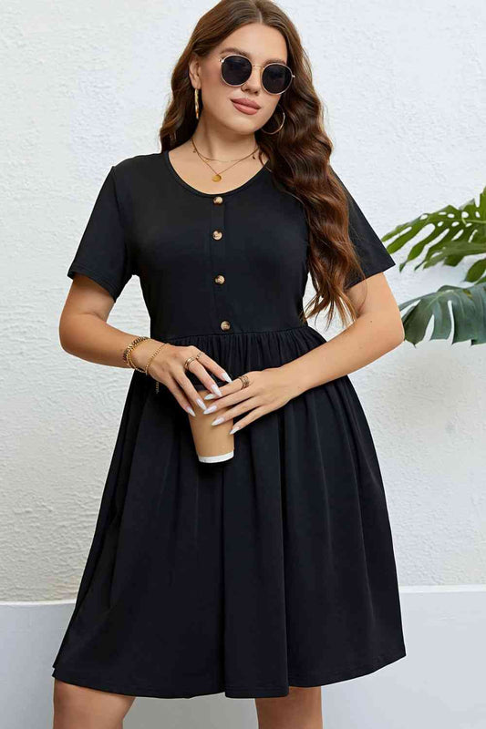 Plus Size Buttoned Short Sleeve Dress