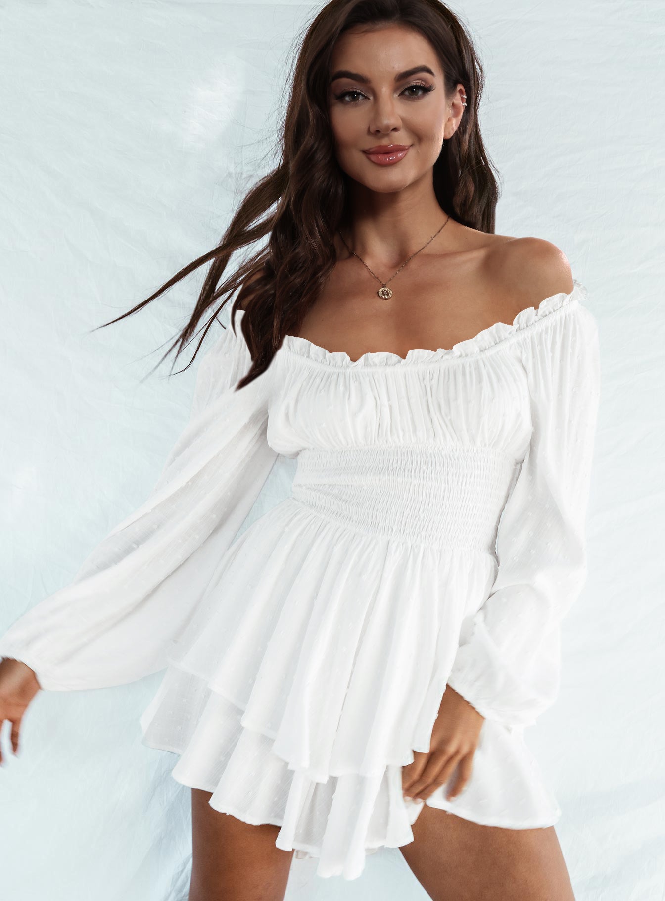 Off Shoulder Smocked Waist Romper - Whiicka