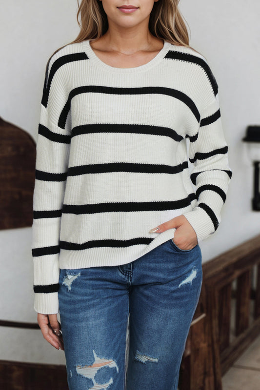 Striped Drop Shoulder Sweater - Whiicka