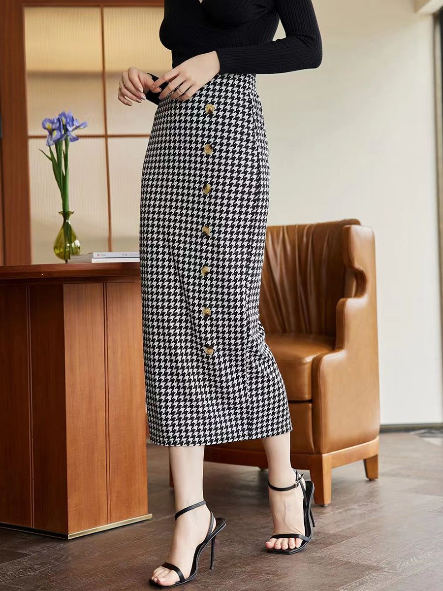 Houndstooth Decorative Button Skirt - Whiicka