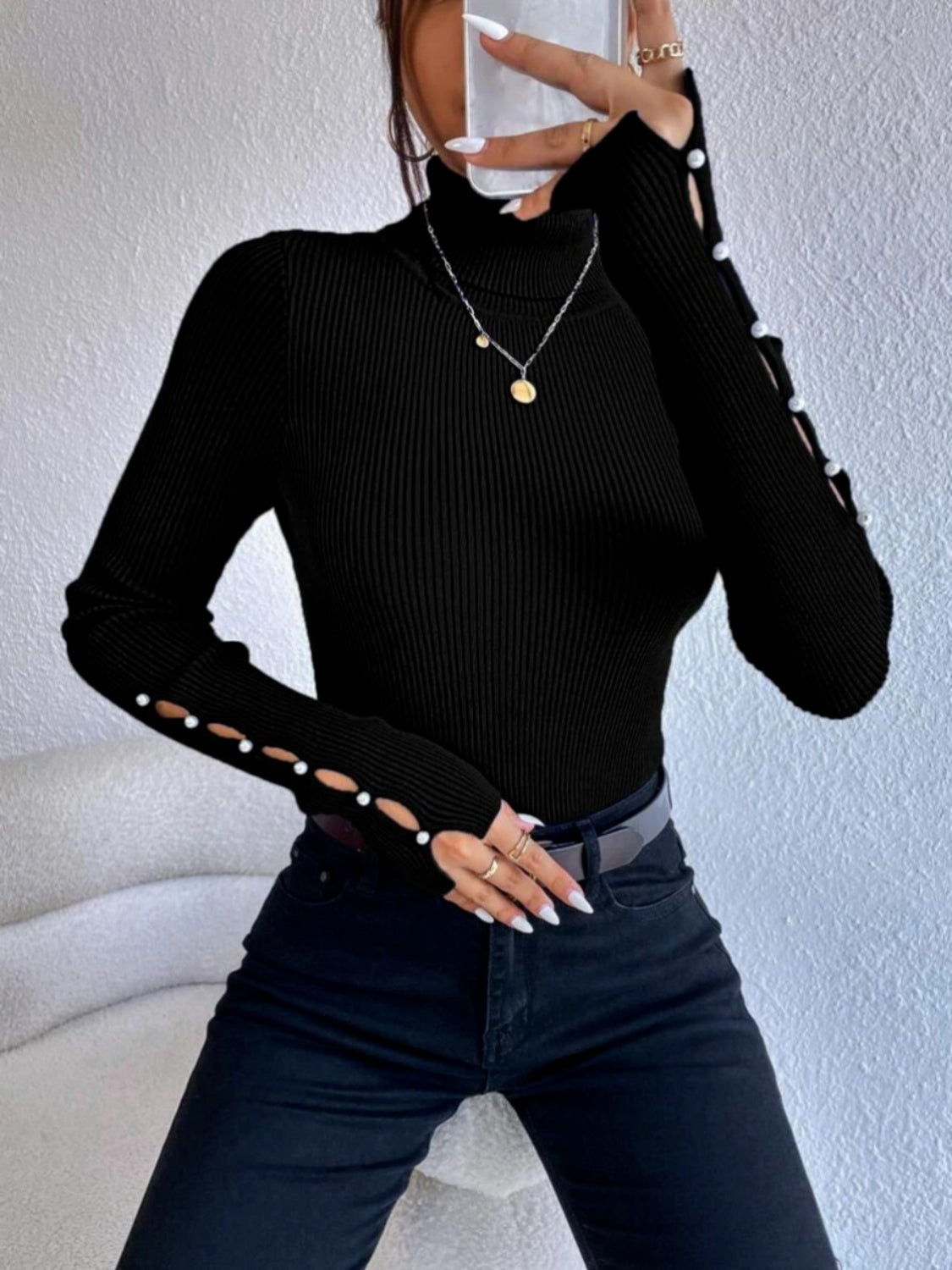 Cutout Turtleneck Rib-Knit Top - Whiicka