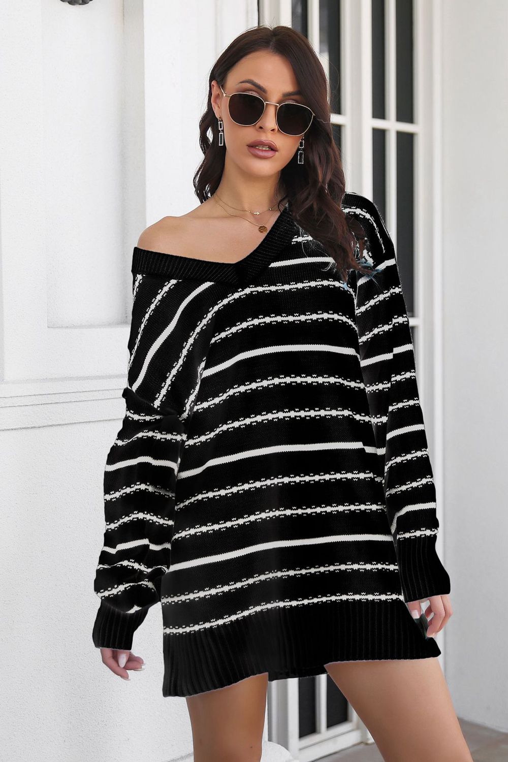 Striped V-Neck Mini Sweater Dress - Whiicka