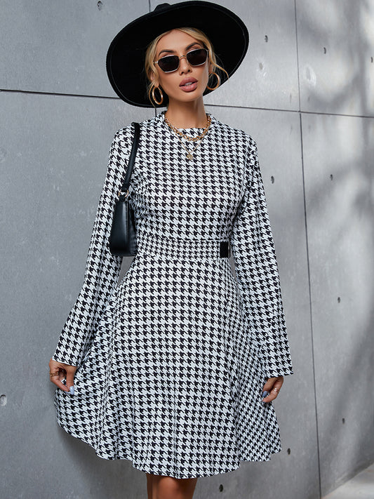 Houndstooth Long Sleeve A Line Dress - Whiicka