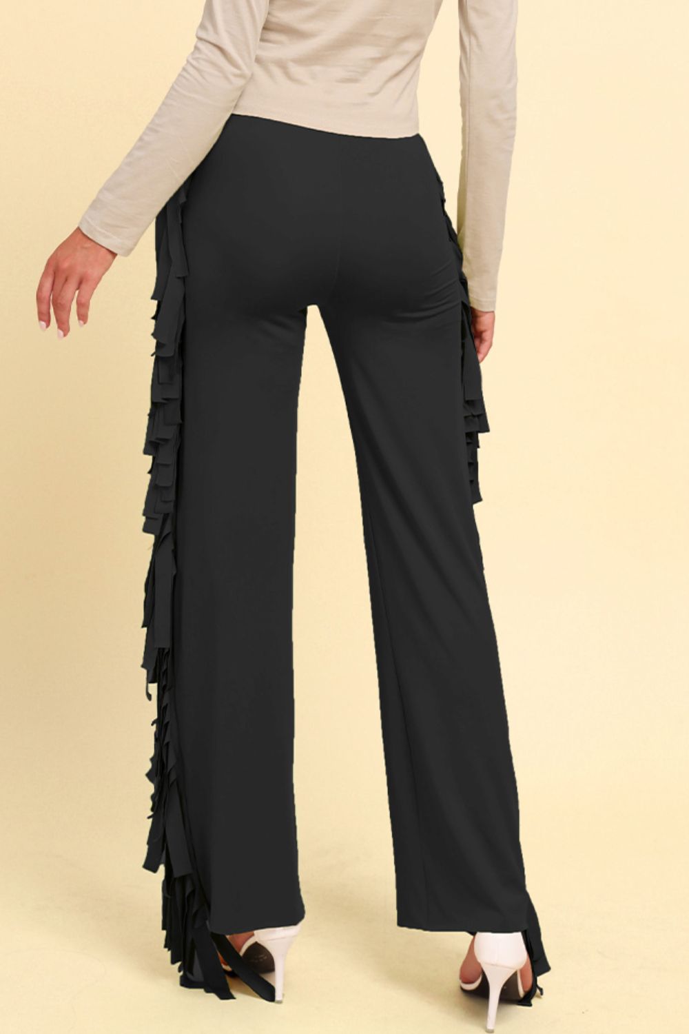 Fringe Trim Wide Leg Pants - Whiicka